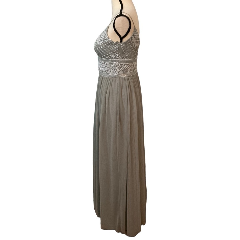 Adrianna Papell Sage Green Gray Aida Beaded Tulle Gown Prom Dress Sz 4 Formal - Picture 4 of 14